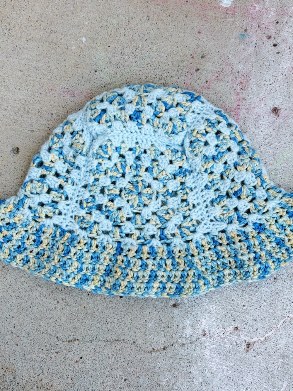 Handmade Crocheted Granny Square Bucket Hat in Baby Blue and Yellow